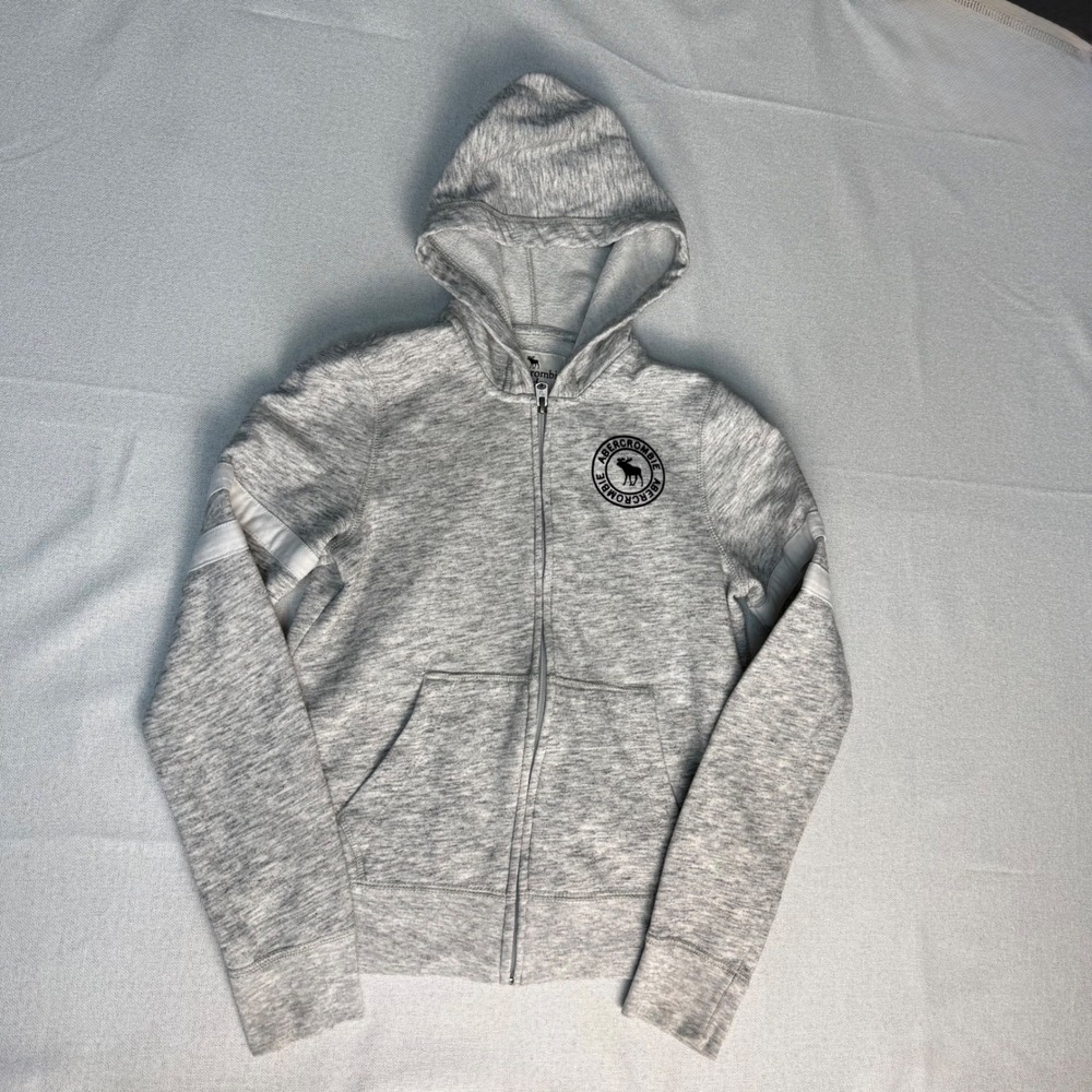 Abercrombie Kids Gray Full Zip Hoodie Moose Logo Sleeve Stripe Size 11/12 L